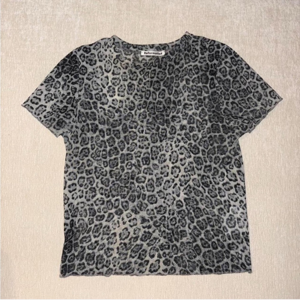 Reformation sheer Black and Gray Leopard Print Short Sleeve Top